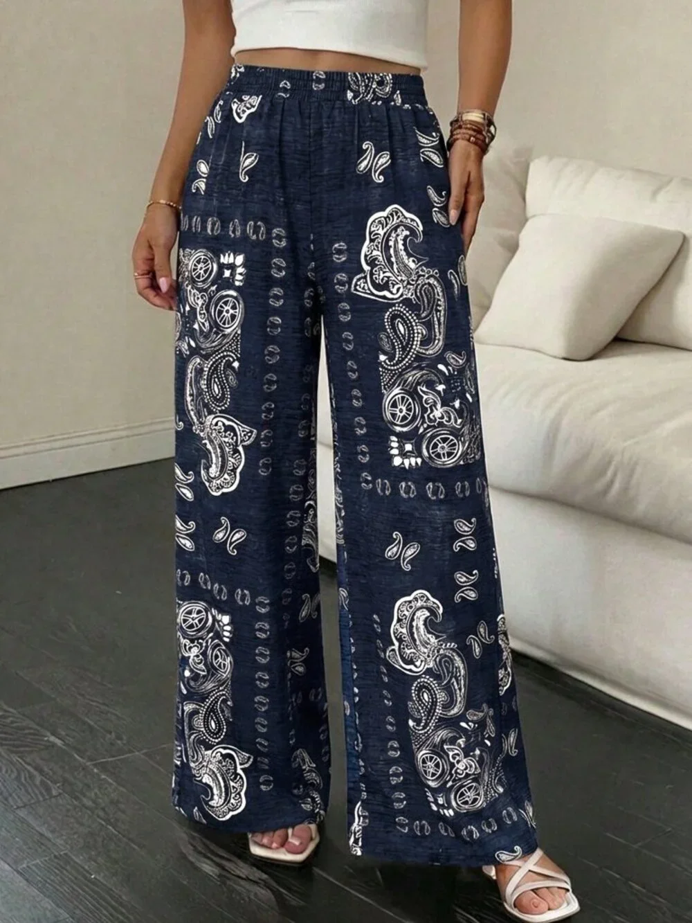 Navy Blue Boho Women's Long Printed Maxi Trousers